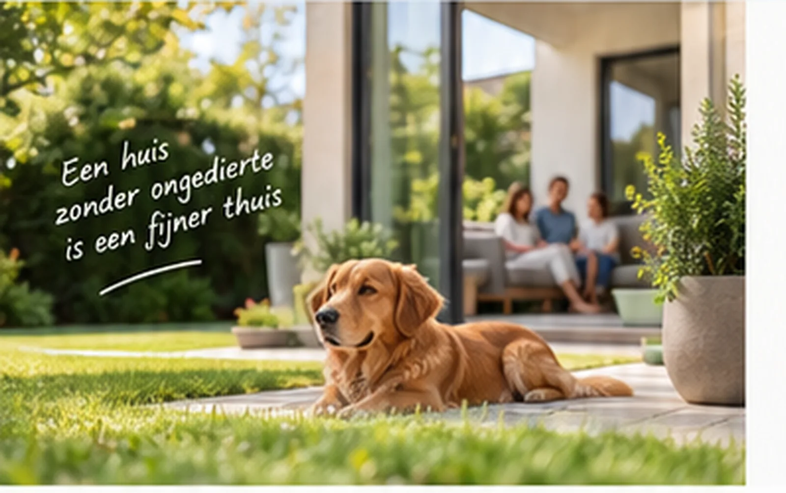 Een hond in een zonnige tuin bij huis